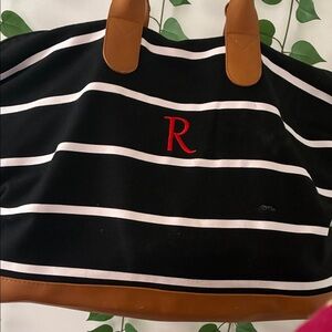 Black and White Striped Tote Bag with Brown Accents